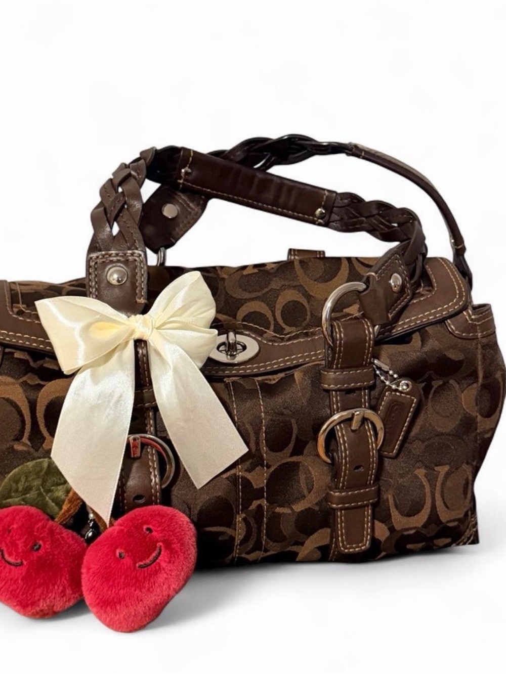 Coach Brown Signature Canvas Shoulder Bag with Braided Handles and Charm